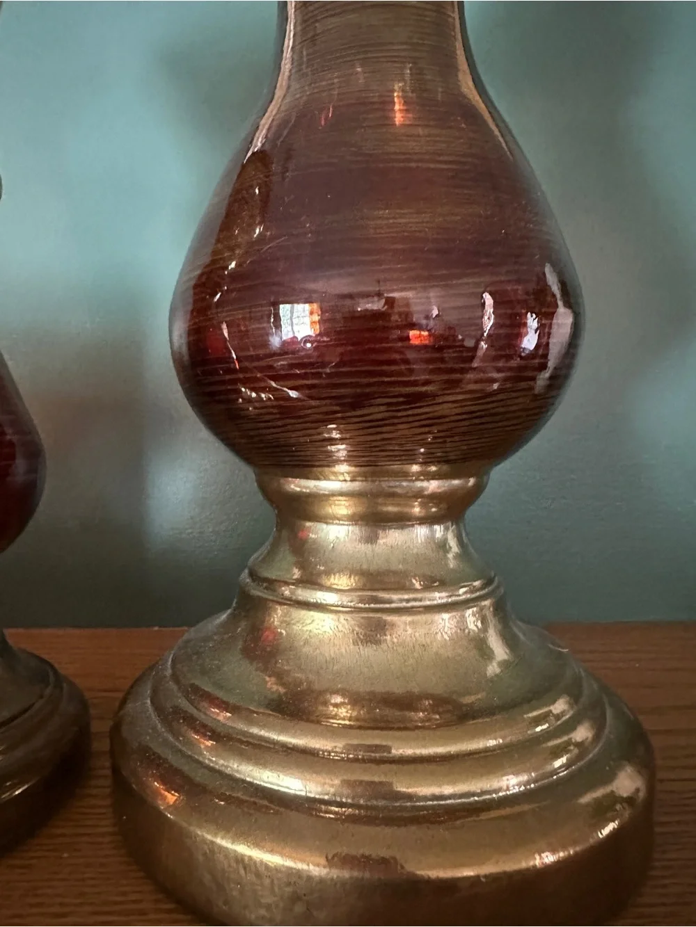 Brass and Amber Glass Candle Holders with Brown Gradient Pillar LED Candles